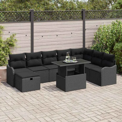 Conjunto de Sofá de Jardim   Preto Rattan Sintético (9 pcs)