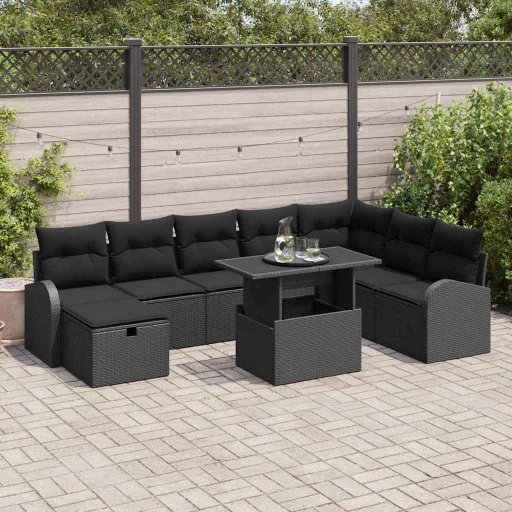 Conjunto de Sofá de Jardim   Preto Rattan Sintético (9 pcs)