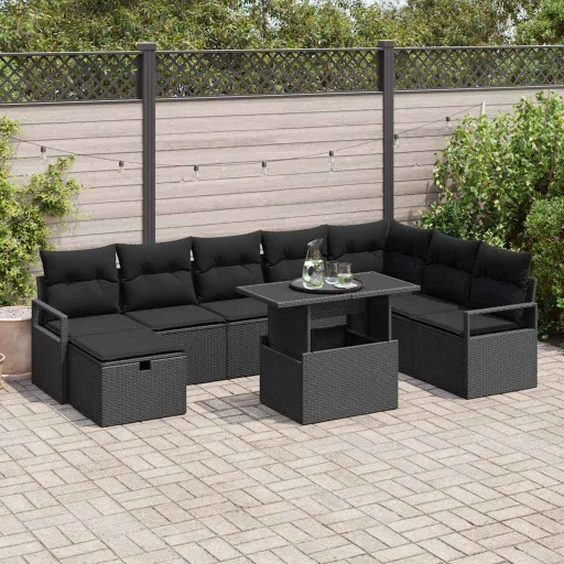 Conjunto de Sofá de Jardim   Preto Rattan Sintético (9 pcs)