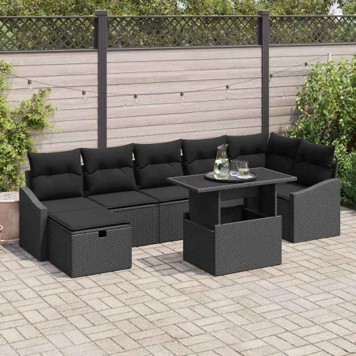 Conjunto de Sofá de Jardim   Preto Vime PE (8 pcs)