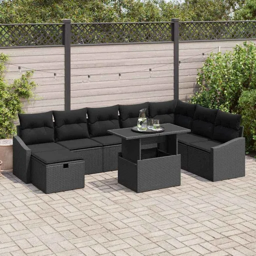 Conjunto de Sofá de Jardim   Preto Vime PE (9 pcs)