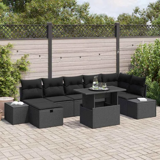 Conjunto de Sofá de Jardim   Preto Vime PE (8 pcs)