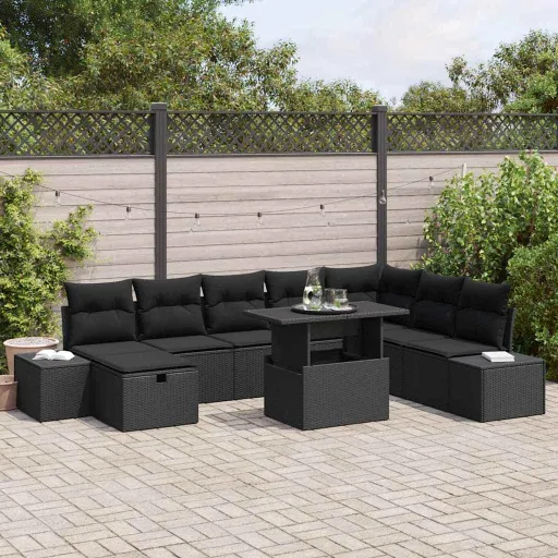 Conjunto de Sofá de Jardim   Preto Vime PE (9 pcs)