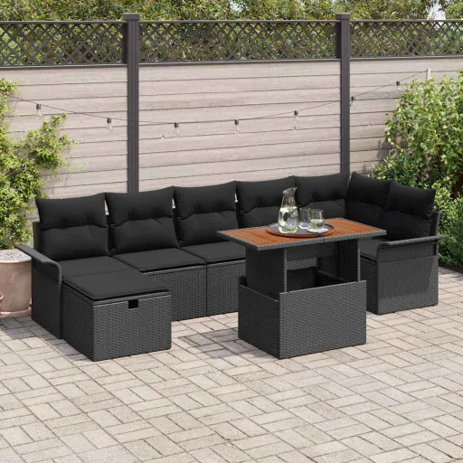 Conjunto de Sofá de Jardim   Preto Vime PE (8 pcs)