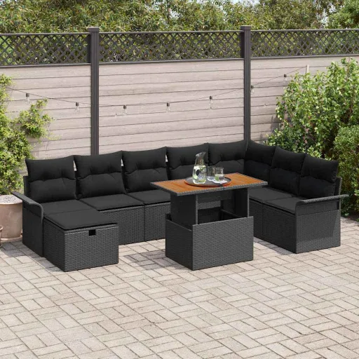 Conjunto de Sofá de Jardim   Preto Vime PE (9 pcs)