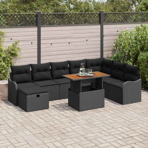 Conjunto de Sofá de Jardim   Preto Vime PE (9 pcs)