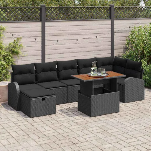 Conjunto de Sofá de Jardim   Preto Vime PE (8 pcs)