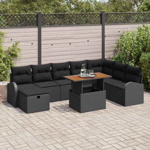 Conjunto de Sofá de Jardim   Preto Vime PE (9 pcs)