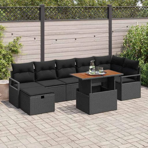 Conjunto de Sofá de Jardim   Preto Vime PE (8 pcs)