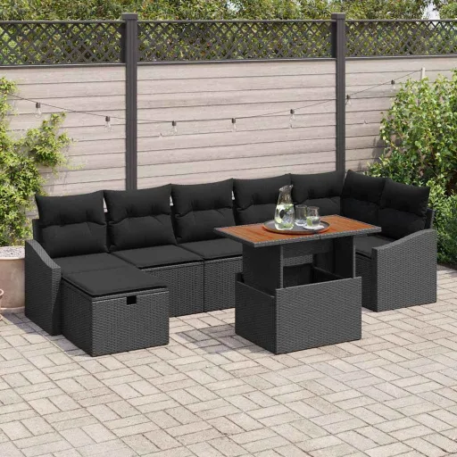 Conjunto de Sofá de Jardim   Preto Vime PE (8 pcs)