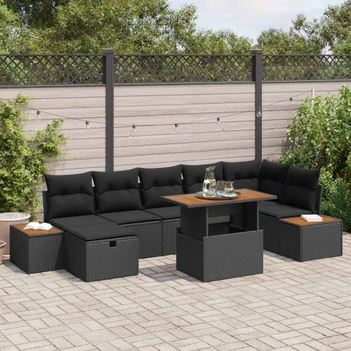 Conjunto de Sofá de Jardim   Preto Vime PE (8 pcs)
