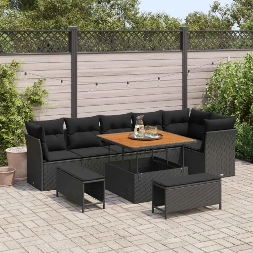 Conjunto de Sofá de Jardim com Almofada   Preto (9 pcs)