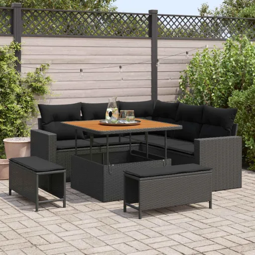 Conjunto de Sofá de Jardim com Almofada   Preto Vime PE (9 pcs)