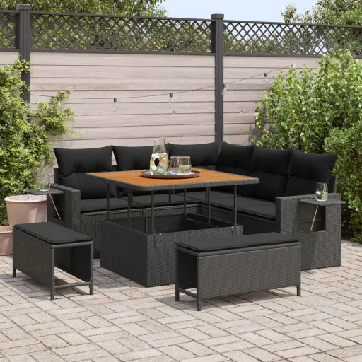 Conjunto de Sofá de Jardim com Almofada   Preto Vime PE (9 pcs)