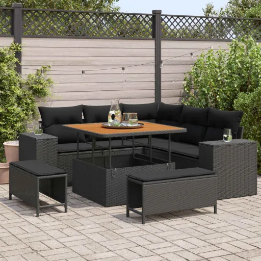 Conjunto de Sofá de Jardim com Almofada   Preto (8 pcs)
