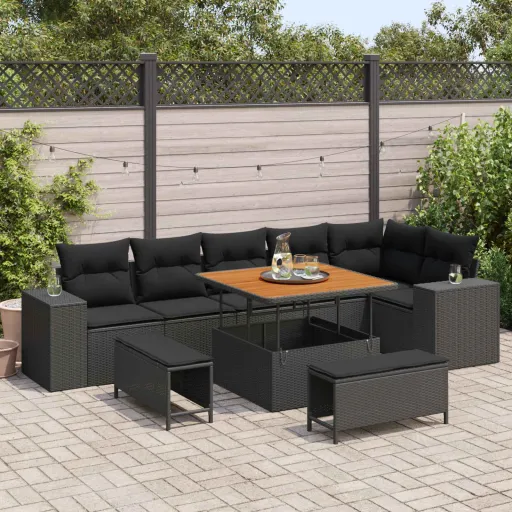 Conjunto de Sofá de Jardim com Almofada   Preto Vime PE (9 pcs)