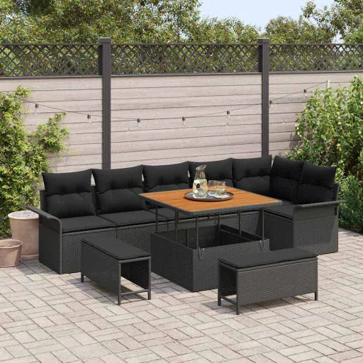 Conjunto de Sofá de Jardim com Almofada   Preto (9 pcs)