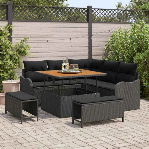 Conjunto de Sofá de Jardim com Almofada   Preto (8 pcs)