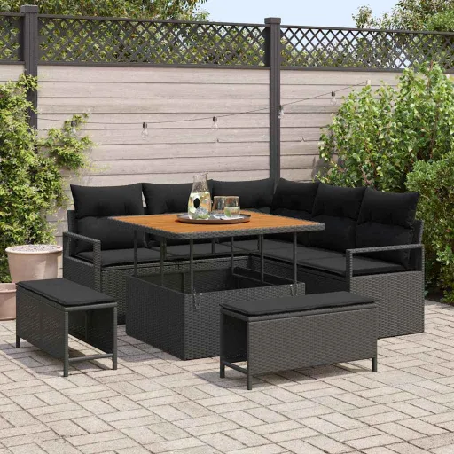Conjunto de Sofá de Jardim com Almofada   Preto (8 pcs)