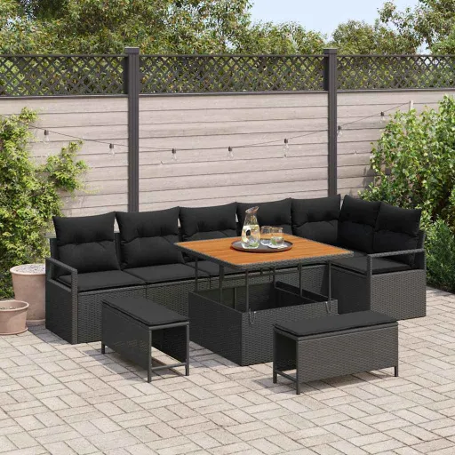 Conjunto de Sofá de Jardim com Almofada   Preto (9 pcs)