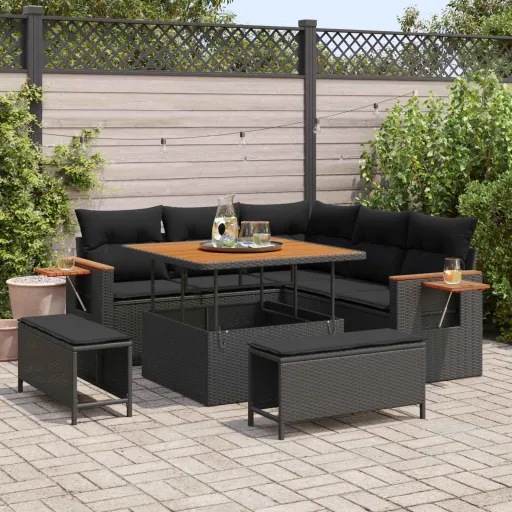 Conjunto de Sofá de Jardim com Almofada   Preto Vime PE (9 pcs)
