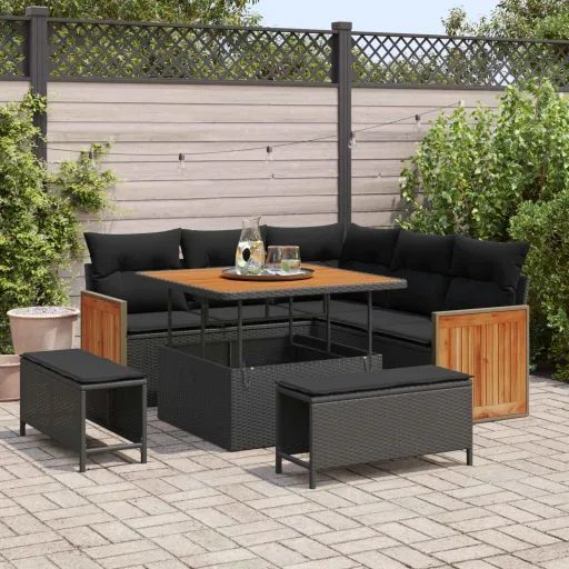 Conjunto de Sofá de Jardim com Almofada   Preto Vime PE (9 pcs)
