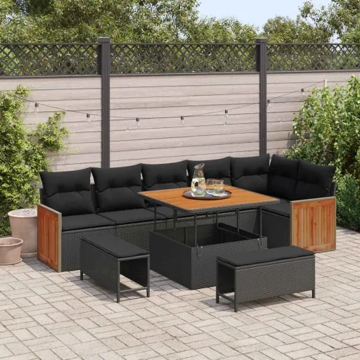 Conjunto de Sofá de Jardim com Almofada   Preto Vime PE (11 pcs)