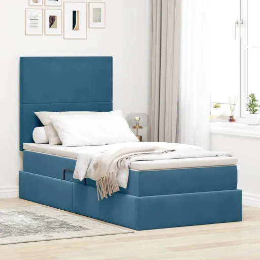 Cama com Arrumação e LED com Led Azul Escuro 90 x 200 cm Veludo