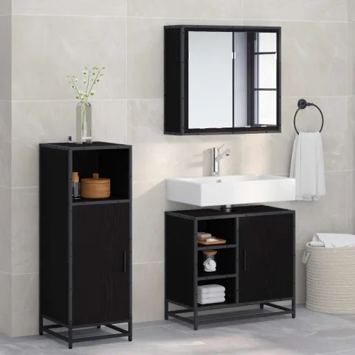 Conjunto de Móveis para Banheiro com Porta   Carvalho Preto (3 pcs)