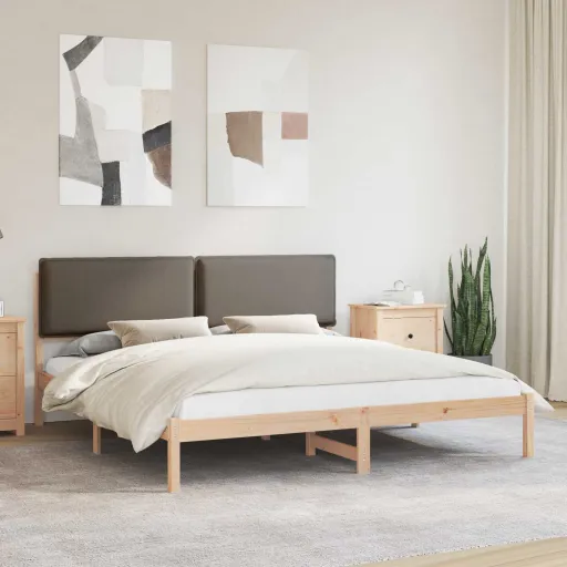 Estrutura de Cama com Cabeceira Estofada Cinzento-Acastanhado