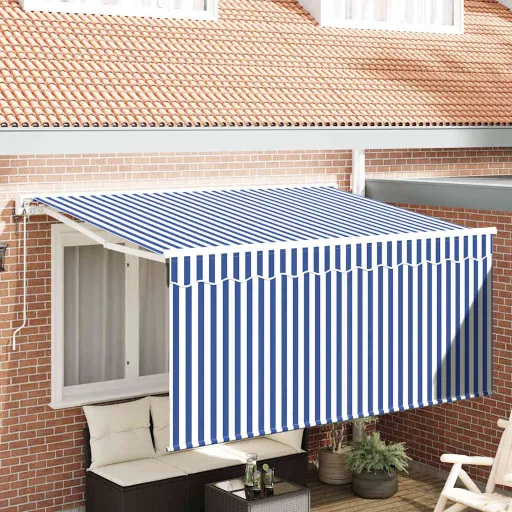 Toldo Retrátil Azul e Branco 300 x 200 cm Poliéster e Alumínio