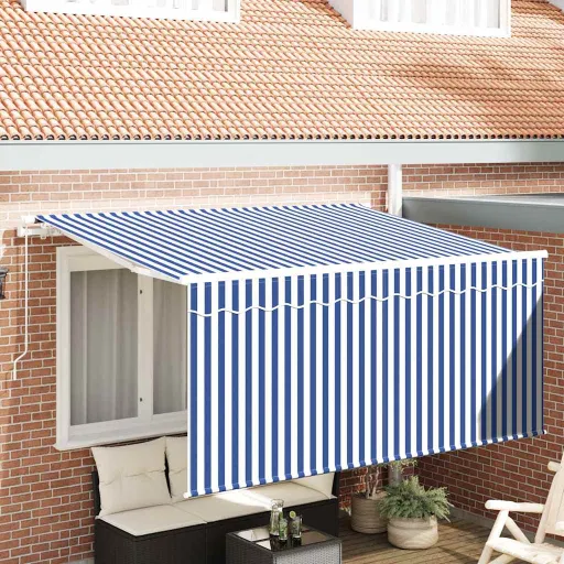Toldo Retrátil Azul e Branco 300 x 200 cm Poliéster e Alumínio