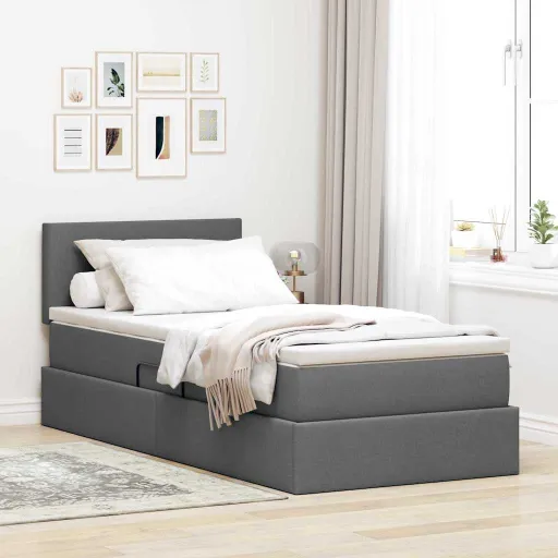 Cama de Armazenamento LED com Colchão Cinzento-Escuro