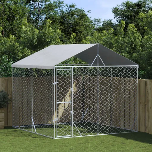 Canil de Exterior com Teto 3x3x2,5 m Aço Galvanizado Prateado