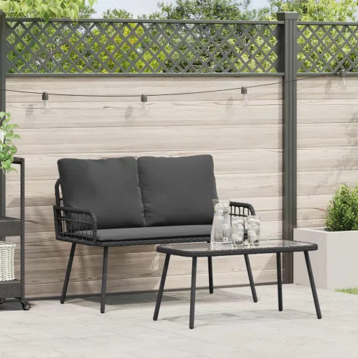 Conjunto de Jantar para Jardim com Almofada   Preto Vime PE (2 pcs)