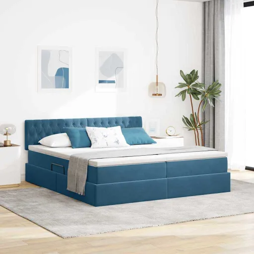 Cama com Luzes de Tira LED Azul Escuro 180 x 200 cm Veludo
