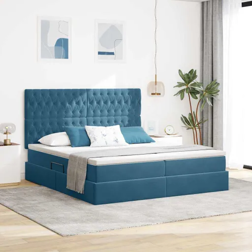 Cama com Luzes de Tira LED Azul Escuro 180 x 200 cm Veludo
