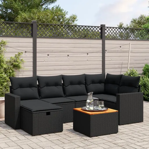 Conjunto de Sofás p/ Jardim c/ Almofadões Vime PE Preto (7 pcs)