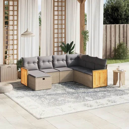 Conj. Sofás Jardim c/ Almofadões Vime PE Bege Misturado (7 pcs)