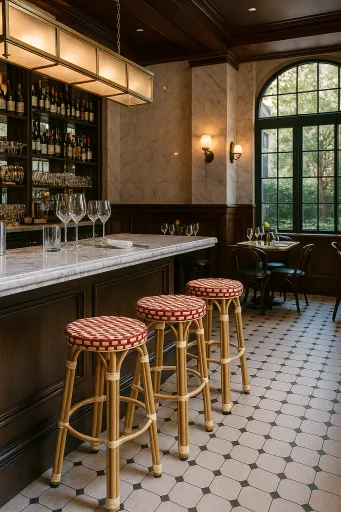Banco de Bar GARNIER, Empilhável, Aluminio, Ratán Beige e Vermelho