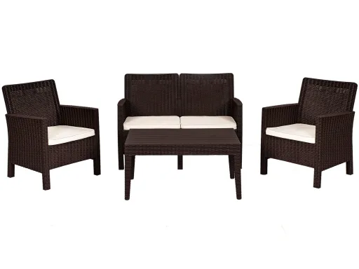 Set ADRIÁTICO, 2 Poltronas + Sofá 2 Lugares + Mesa, Polipropileno Castanho, Coxim Beige