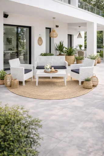 Set ADRIÁTICO, 2 Poltronas + Sofá 2 Lugares + Mesa, Polipropileno Branco, Coxim Antracite