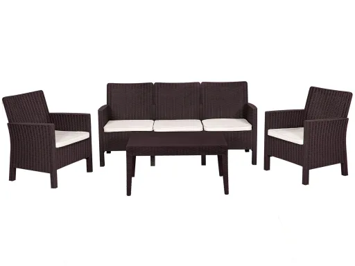 Set ADRIÁTICO, 2 Poltronas + Sofá 3 Lugares + Mesa, Polipropileno Castanho, Coxim Beige