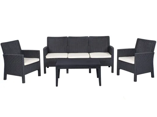 Set ADRIÁTICO, 2 Poltronas + Sofá 3 Lugares + Mesa, Polipropileno Antracite, Coxim Beige