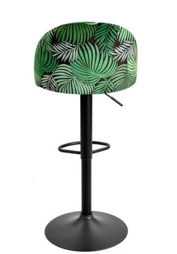 Banco de Bar FLOWER, Ajustável, Metal Preto, Tecido Veludo Verde com Costas Florais Combinando