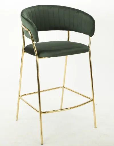 Banco de Bar KEFRÉN NEW, Metal Dourado, Tecido Veludo Verde Escuro