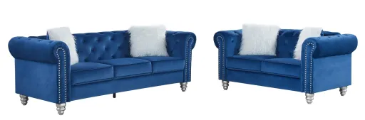 Set Sofás CHESTER STYLE, 3 + 2 Lugares, Tecido Veludo Azul 67
