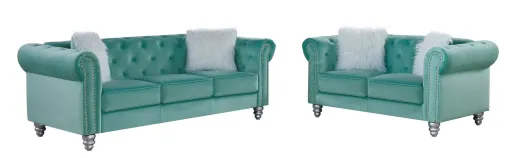 Set Sofás CHESTER STYLE, 3 + 2 Lugares, Tecido Veludo Verde Água 58