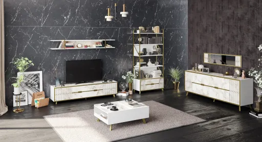 Móvel TV ELOISE, Bilaminado Mármore Branco com Detalhes Dourados, 180 Cms