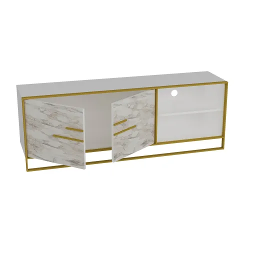 Móvel TV SIENA, Bilaminado Mármore Branco com Metal Dourado, 160 Cms